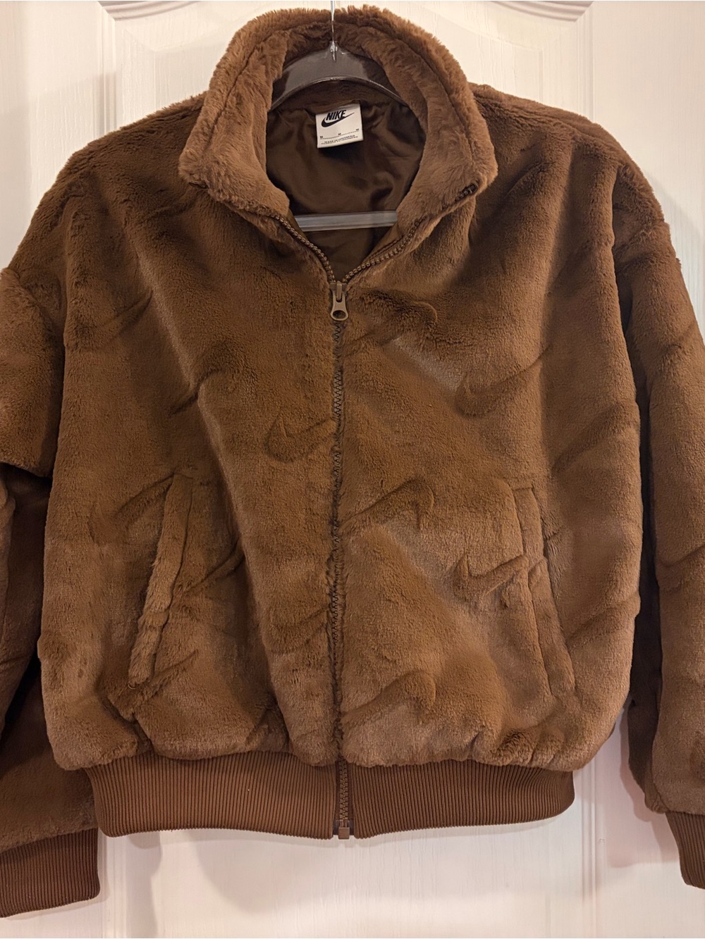 Nike Girls Sportswear Swoosh Faux Fur Bomber Jacket Brown Medium 10-12 EUC